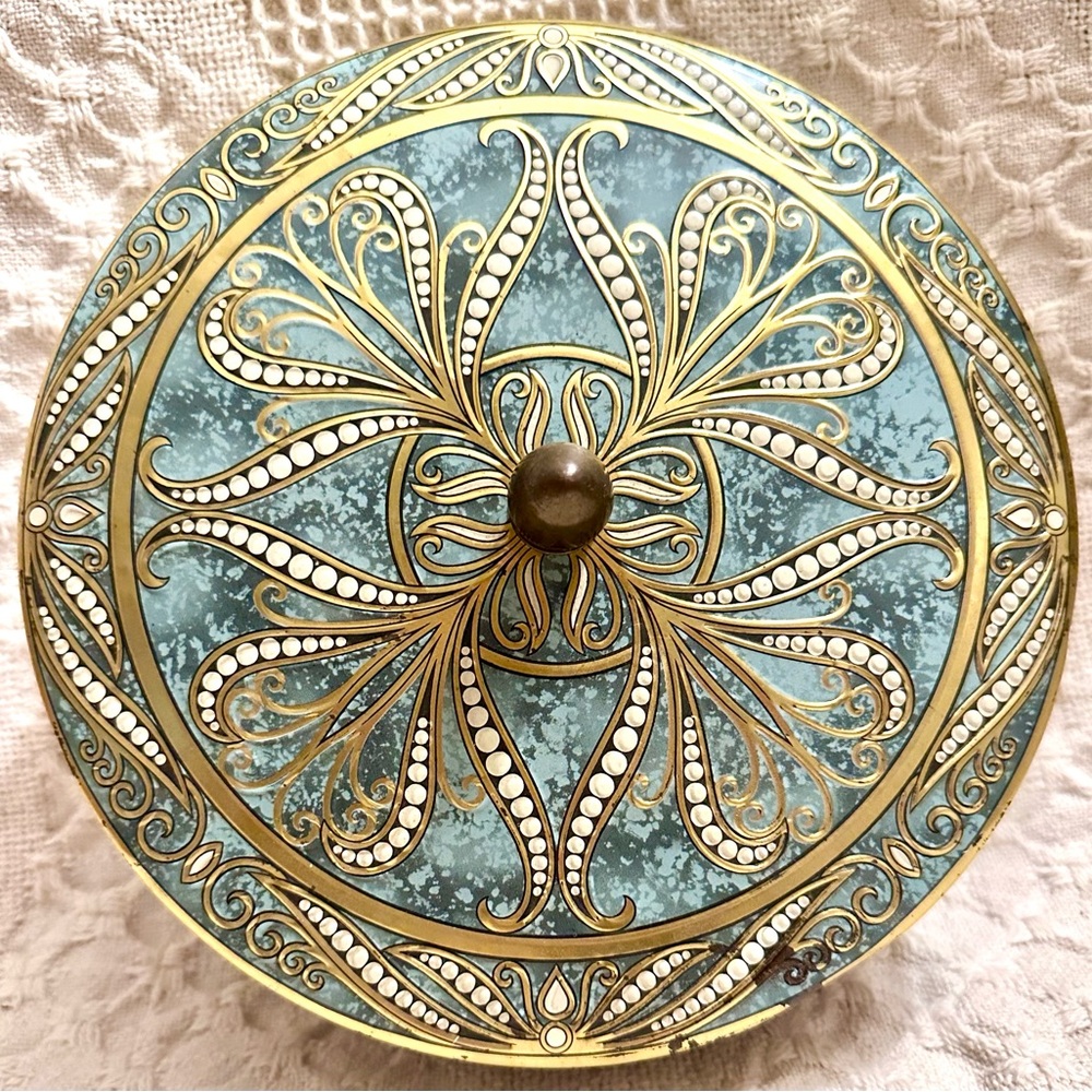 Lovely Vtg  Embossed Gold, Teal, & Ivory Container Round Tin Box Made In England
